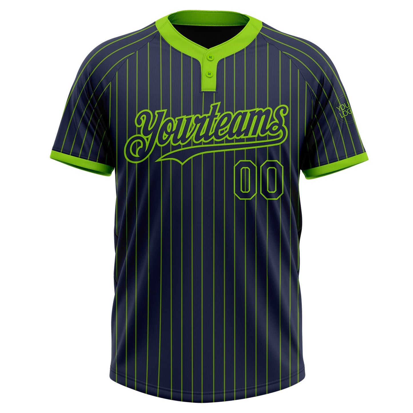 Custom Navy Neon Green Pinstripe Neon Green Two-Button Unisex Softball Jersey view 2