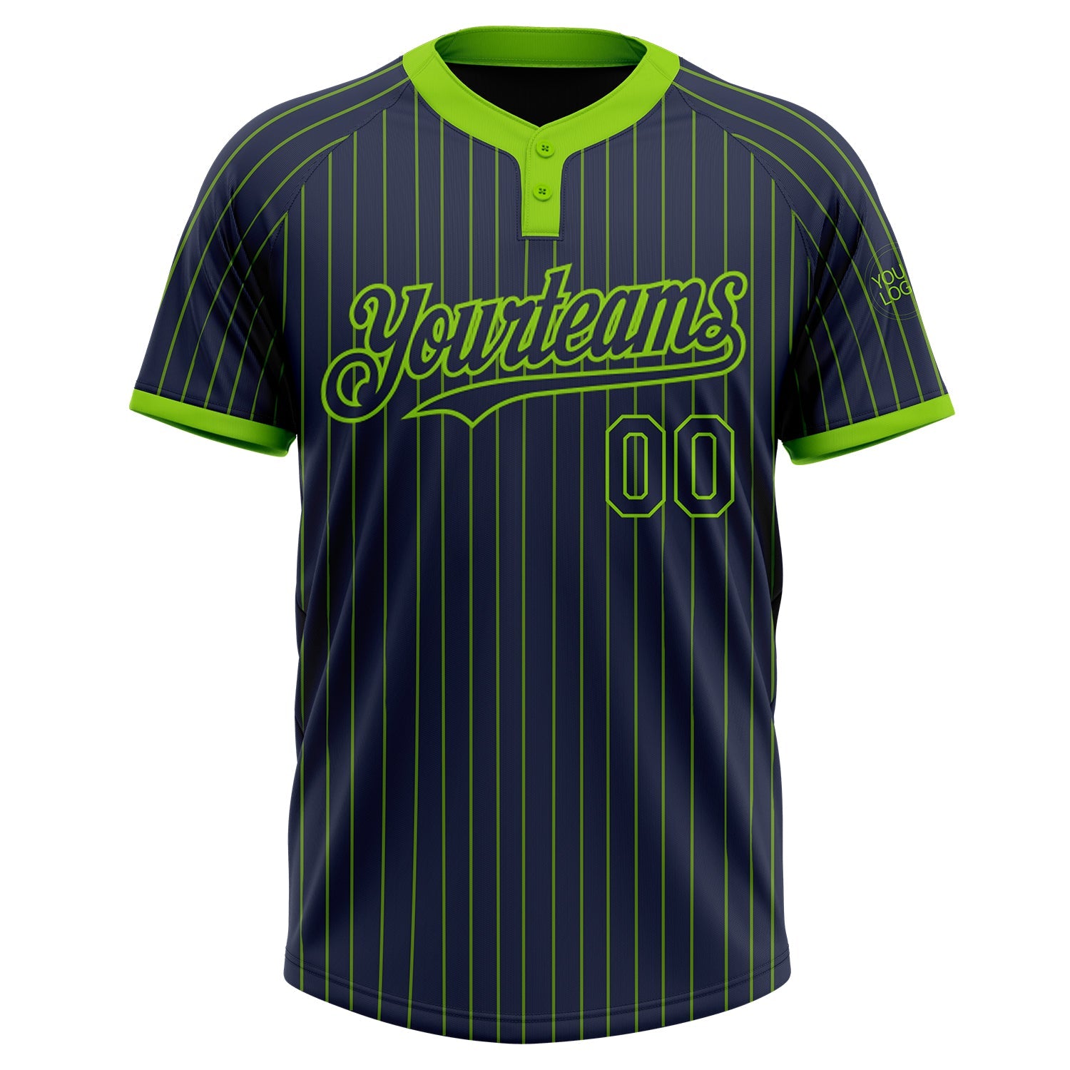 Custom Navy Neon Green Pinstripe Neon Green Two-Button Unisex Softball Jersey view 2