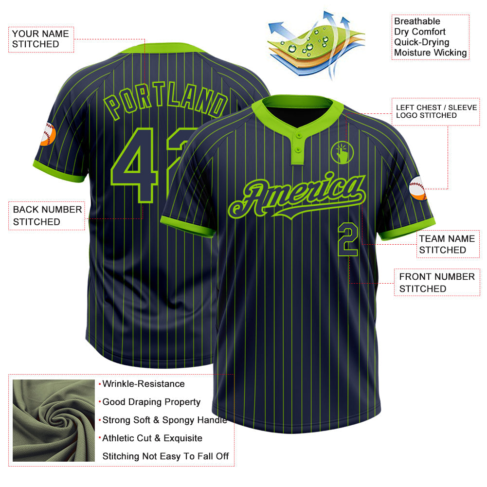 Custom Navy Neon Green Pinstripe Neon Green Two-Button Unisex Softball Jersey view 3
