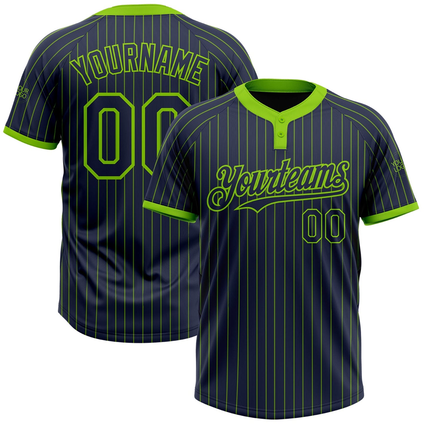 Custom Navy Neon Green Pinstripe Neon Green Two-Button Unisex Softball Jersey - Main View
