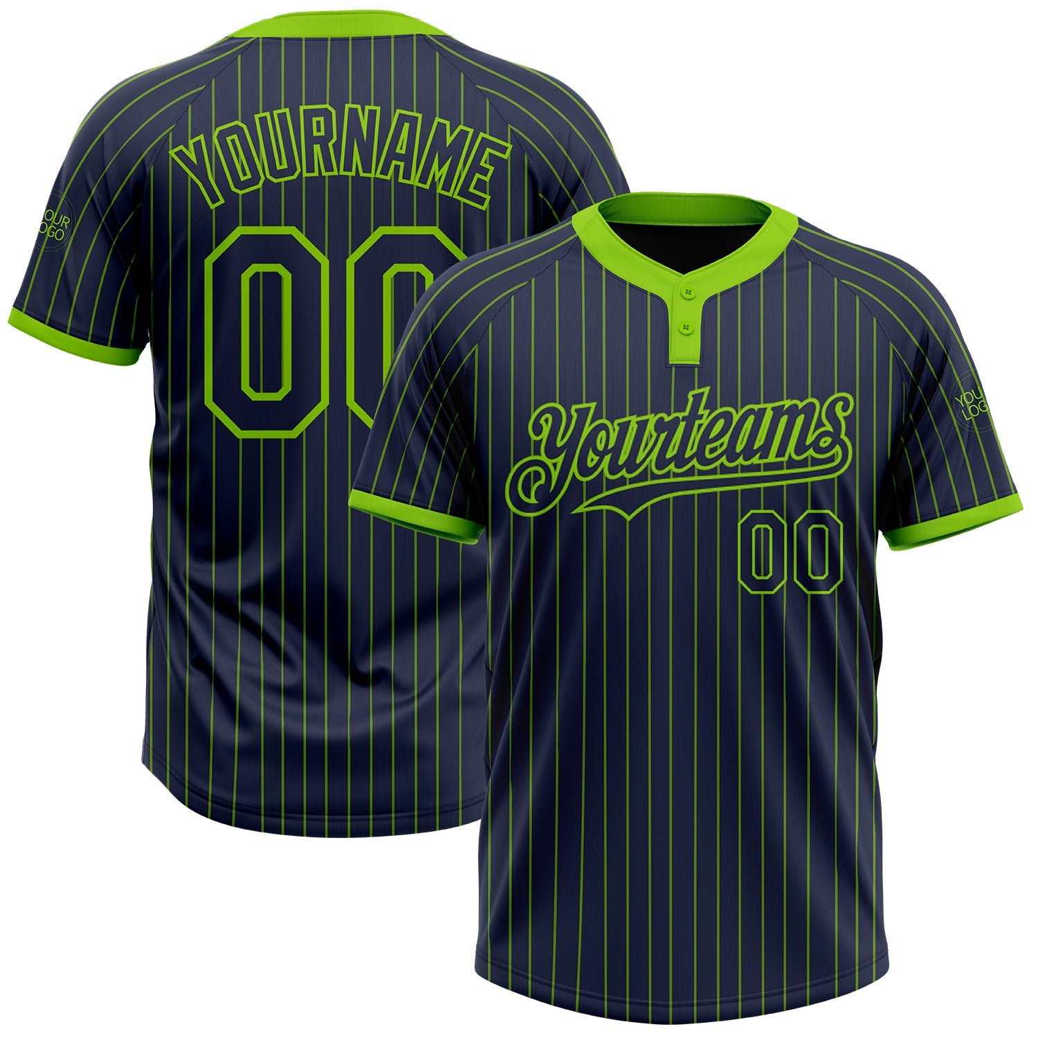Custom Navy Neon Green Pinstripe Neon Green Two-Button Unisex Softball Jersey - Main View