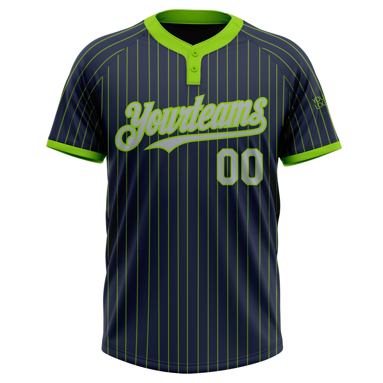Custom Navy Neon Green Pinstripe Gray Two-Button Unisex Softball Jersey view 2
