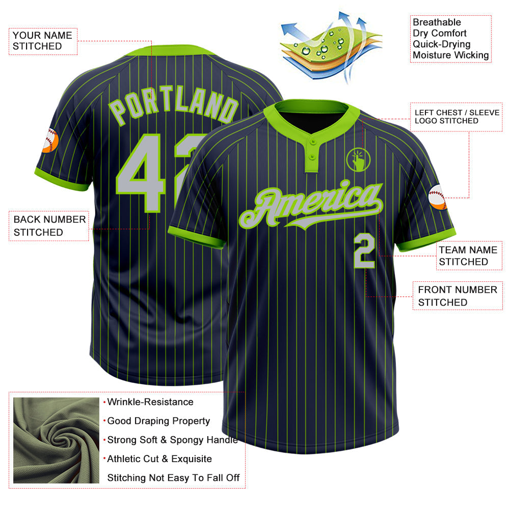 Custom Navy Neon Green Pinstripe Gray Two-Button Unisex Softball Jersey view 3