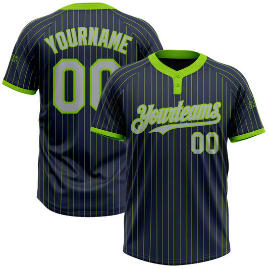 Custom Navy Neon Green Pinstripe Gray Two-Button Unisex Softball Jersey - Main View