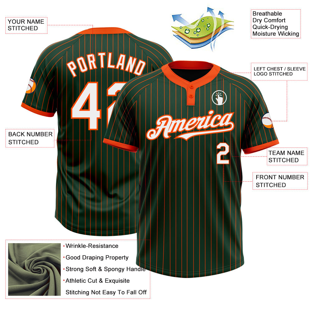 Custom Green Orange Pinstripe White Two-Button Unisex Softball Jersey view 3