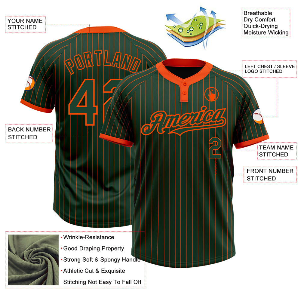 Custom Green Orange Pinstripe Orange Two-Button Unisex Softball Jersey view 3