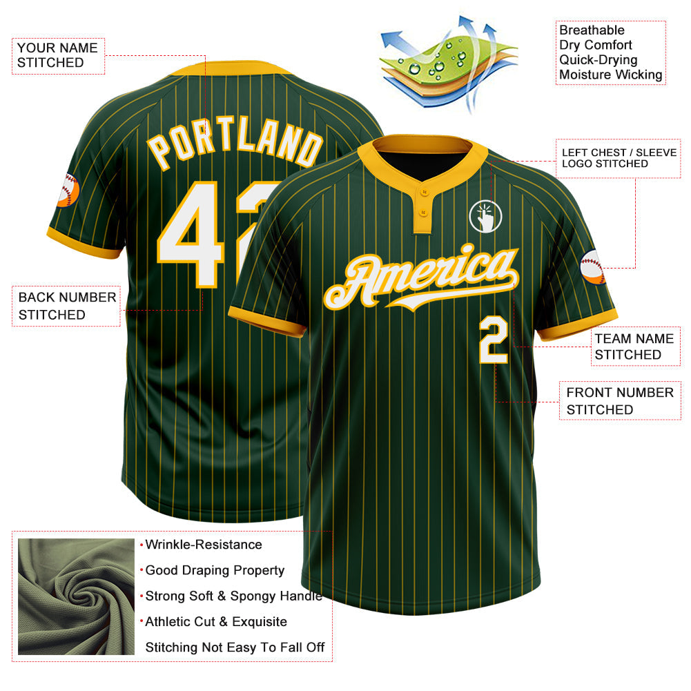 Custom Green Gold Pinstripe White Two-Button Unisex Softball Jersey view 3