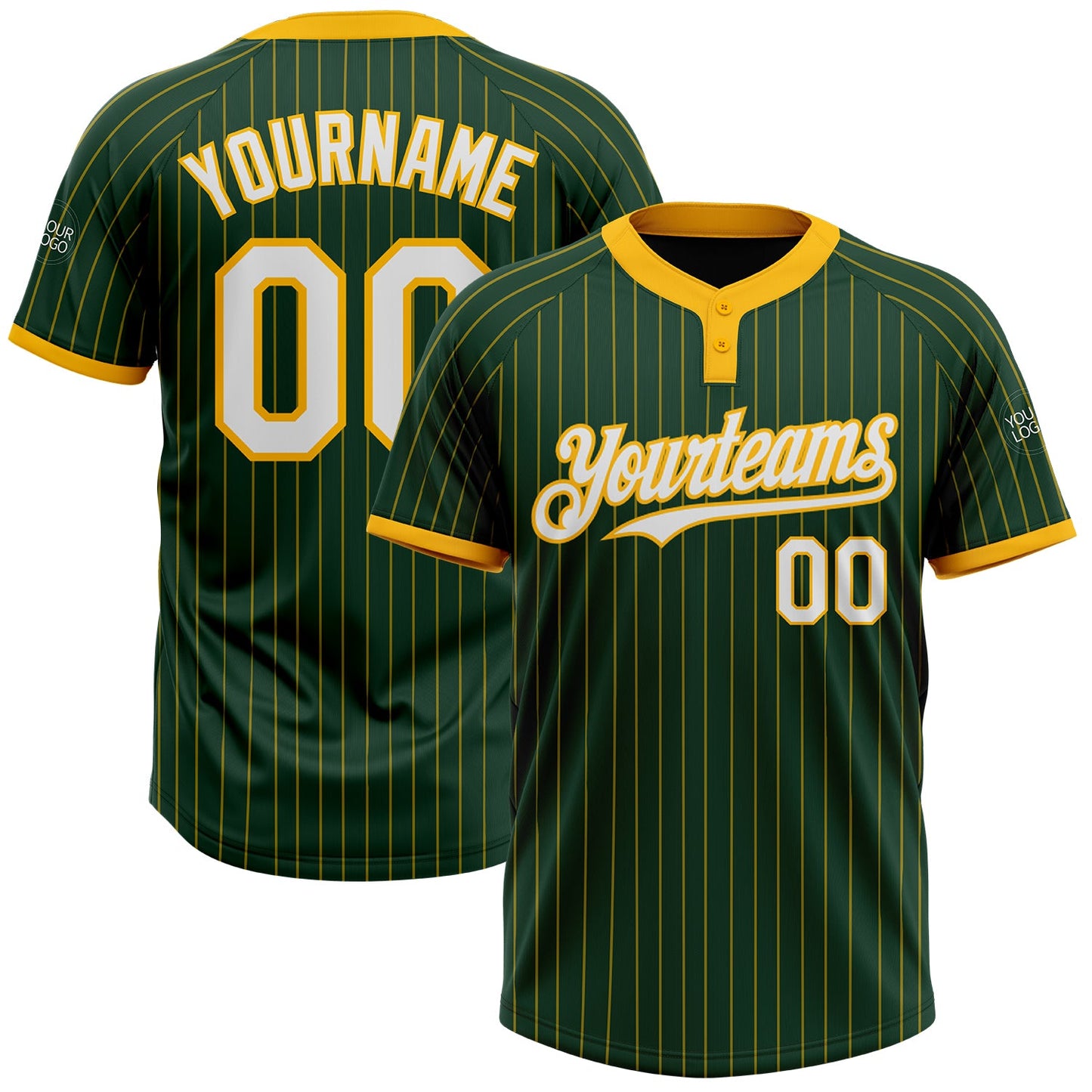 Custom Green Gold Pinstripe White Two-Button Unisex Softball Jersey - Main View