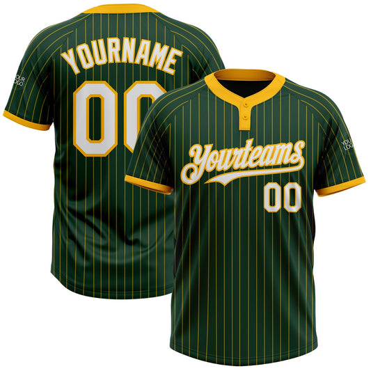 Custom Green Gold Pinstripe White Two-Button Unisex Softball Jersey - Main View