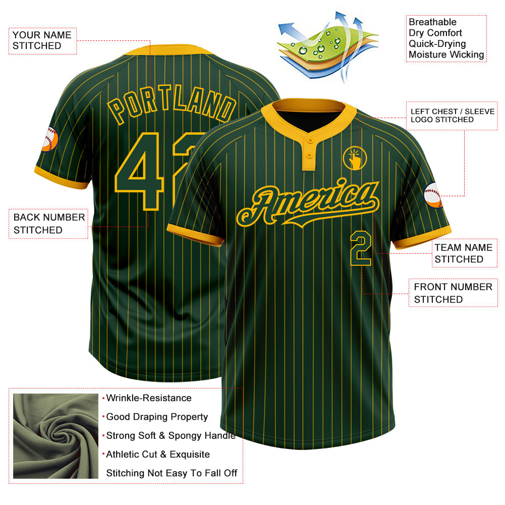 Custom Green Gold Pinstripe Gold Two-Button Unisex Softball Jersey view 3