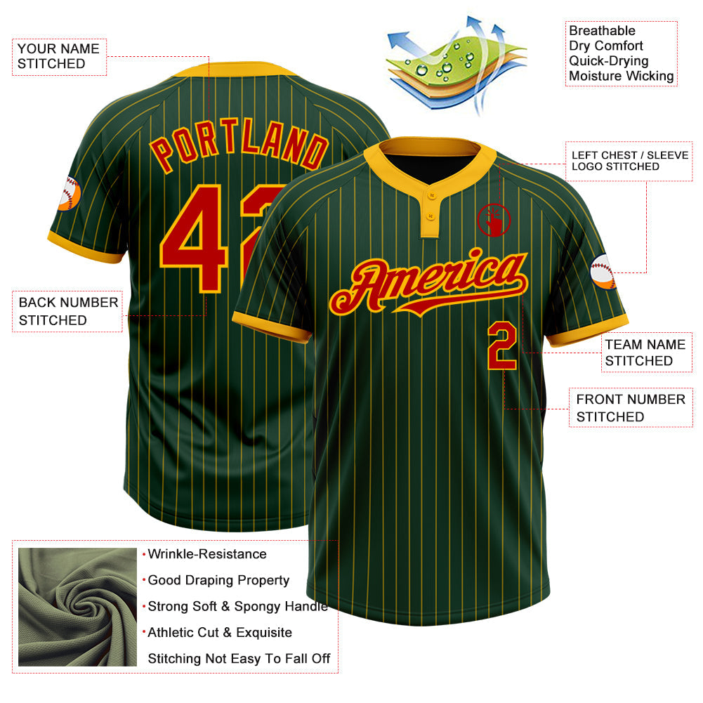 Custom Green Gold Pinstripe Red Two-Button Unisex Softball Jersey view 3