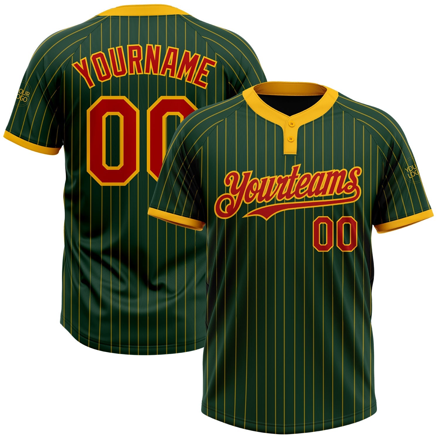 Custom Green Gold Pinstripe Red Two-Button Unisex Softball Jersey - Main View
