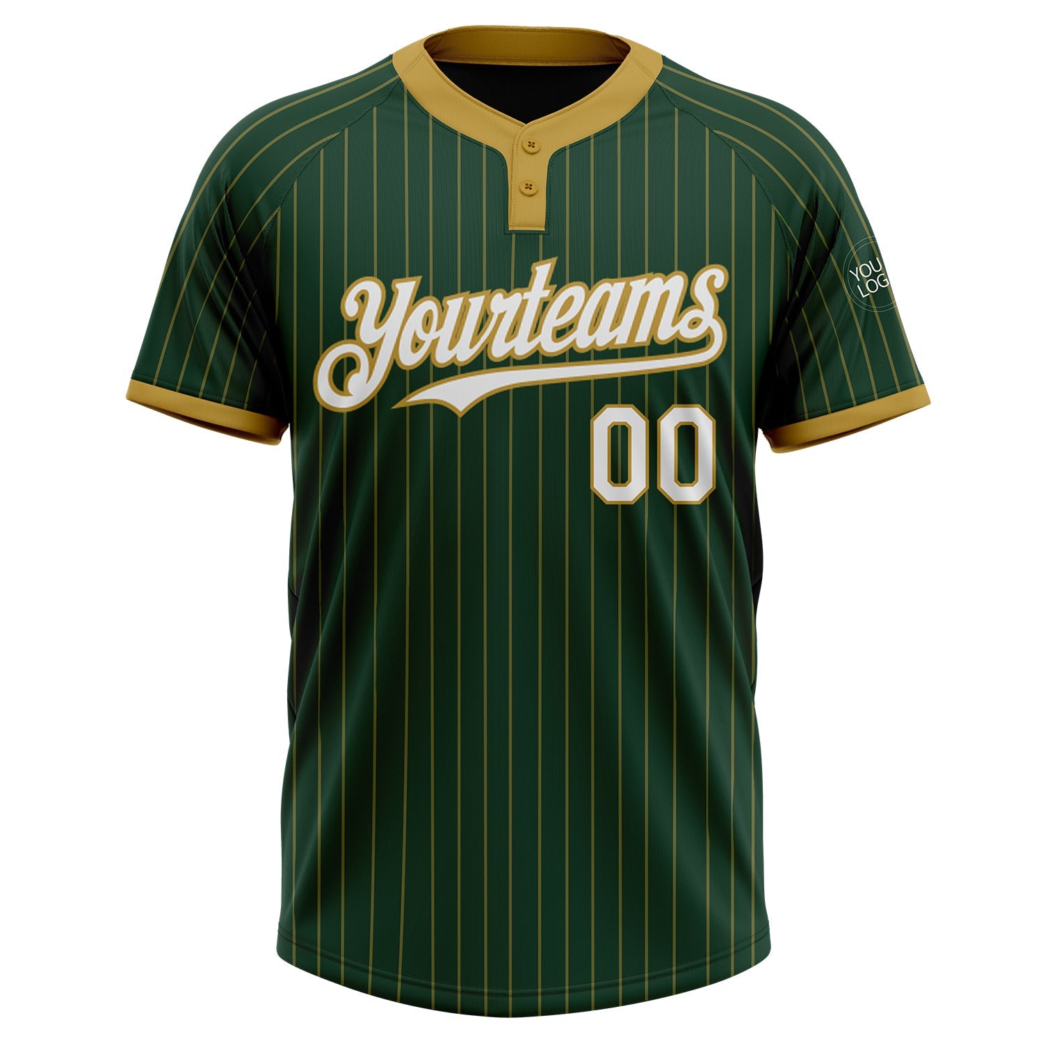 Custom Green Old Gold Pinstripe White Two-Button Unisex Softball Jersey view 2