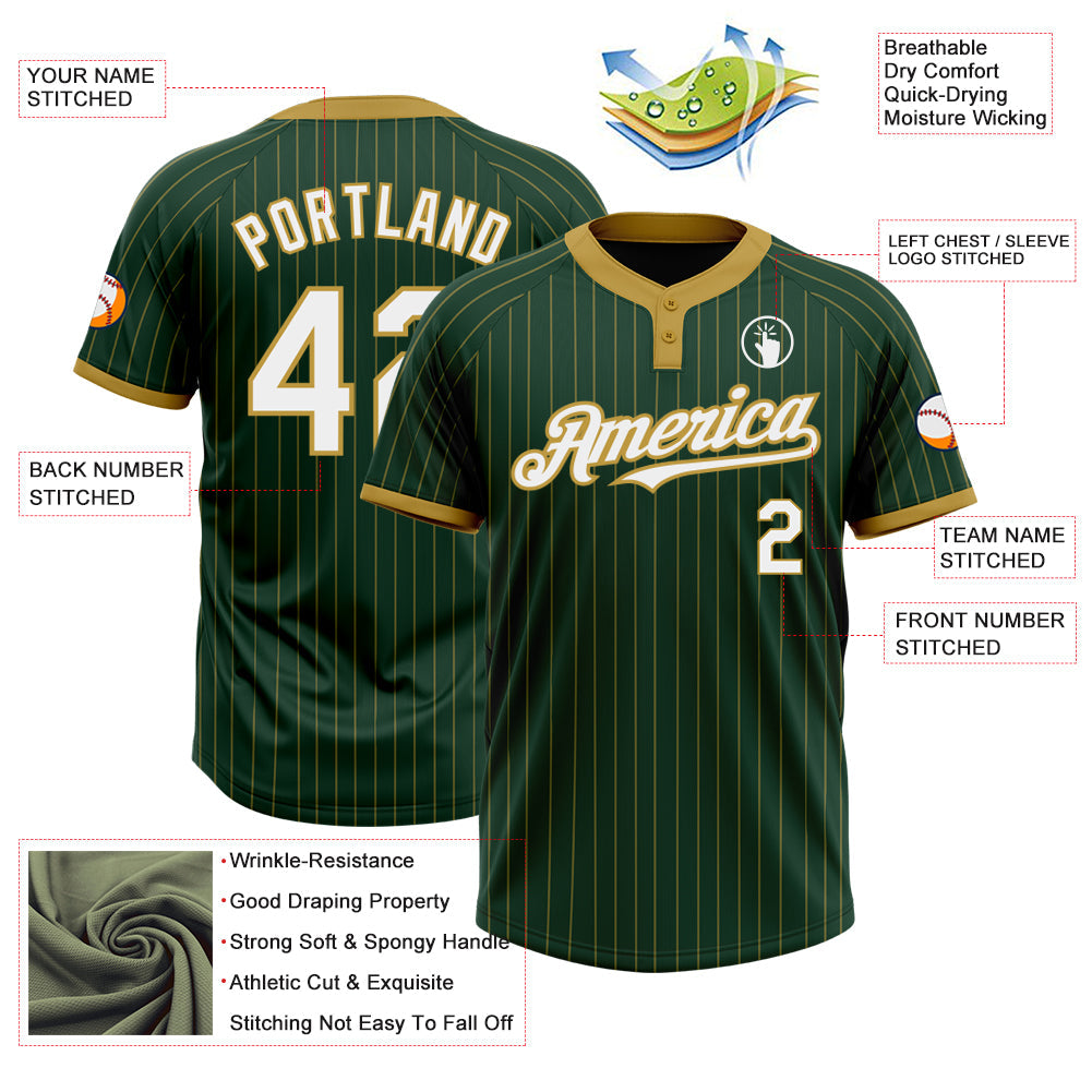 Custom Green Old Gold Pinstripe White Two-Button Unisex Softball Jersey view 3