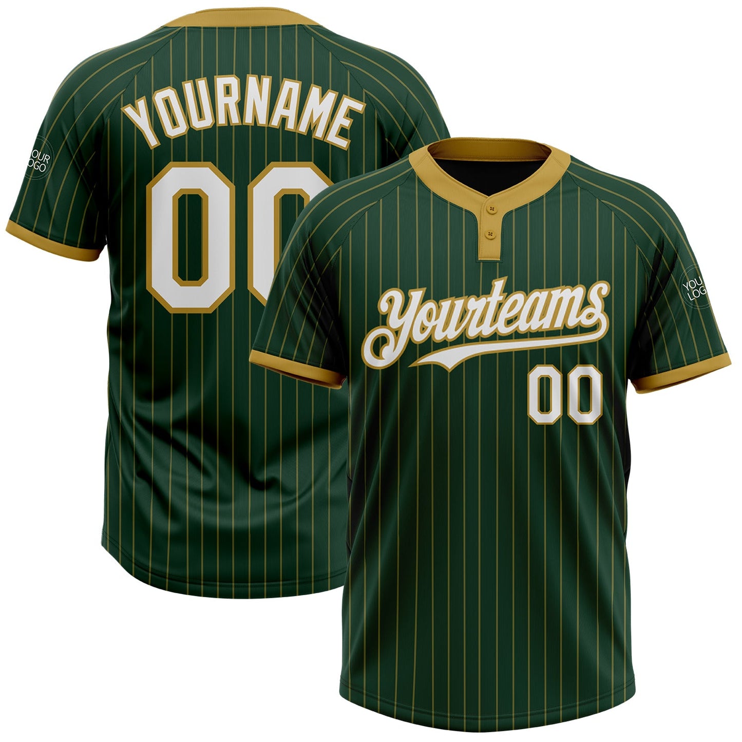 Custom Green Old Gold Pinstripe White Two-Button Unisex Softball Jersey - Main View