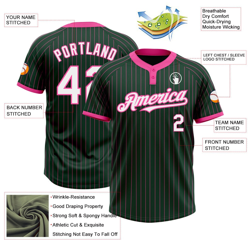 Custom Green Pink Pinstripe White Two-Button Unisex Softball Jersey view 3