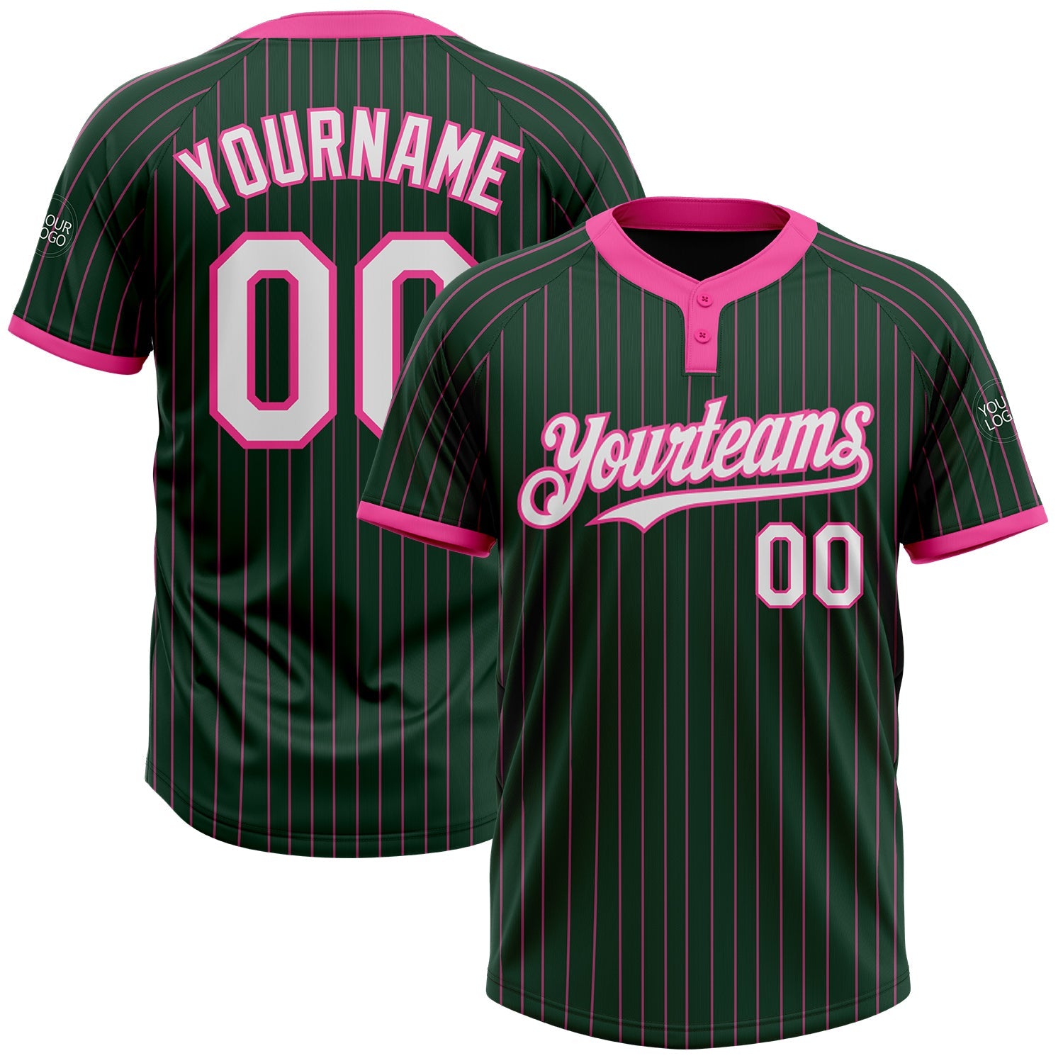 Custom Green Pink Pinstripe White Two-Button Unisex Softball Jersey - Main View