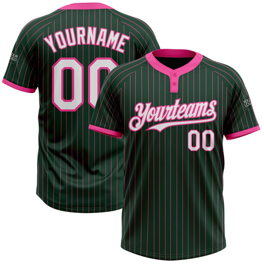 Custom Green Pink Pinstripe White Two-Button Unisex Softball Jersey - Main View