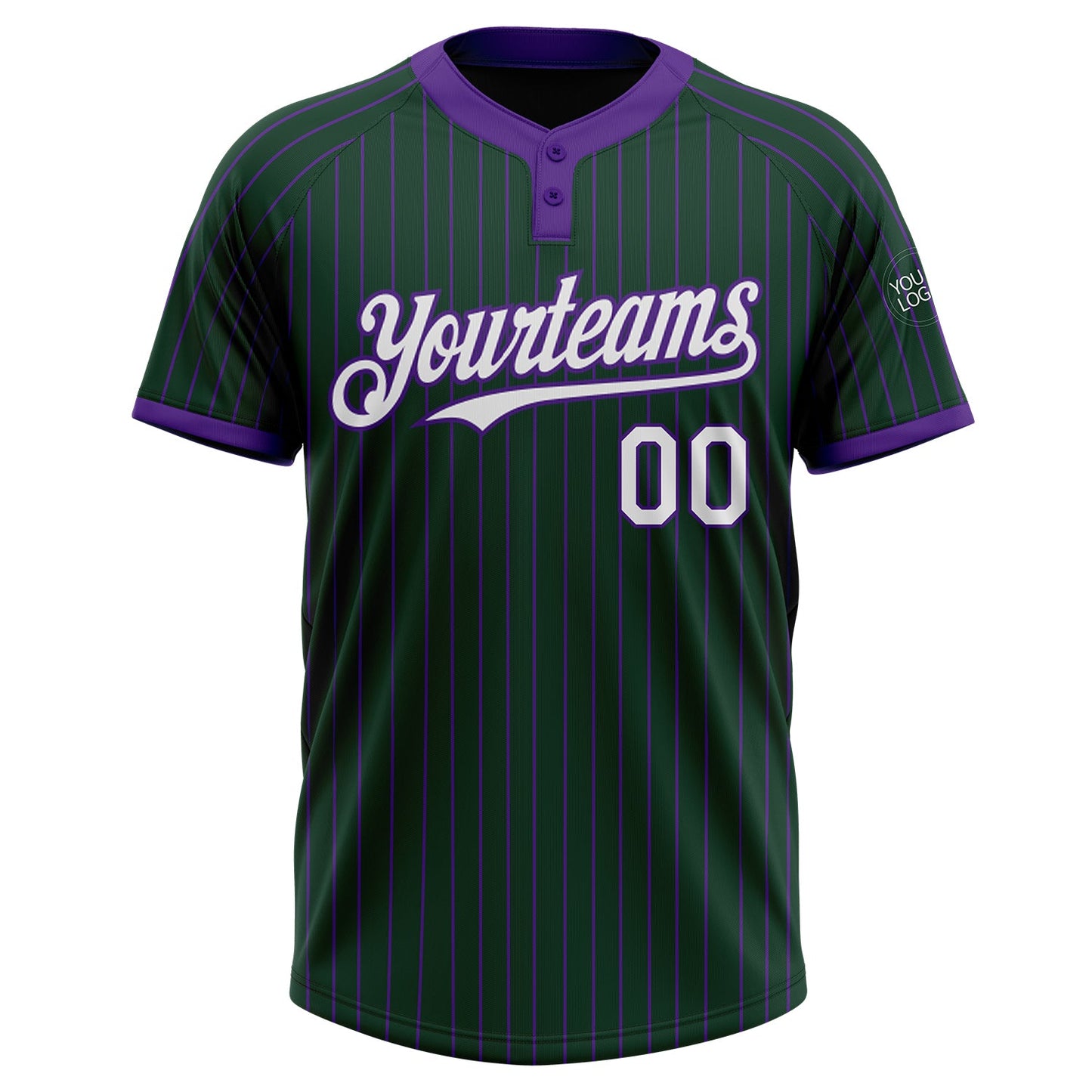 Custom Green Purple Pinstripe White Two-Button Unisex Softball Jersey view 2