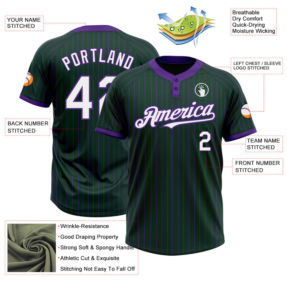 Custom Green Purple Pinstripe White Two-Button Unisex Softball Jersey view 3