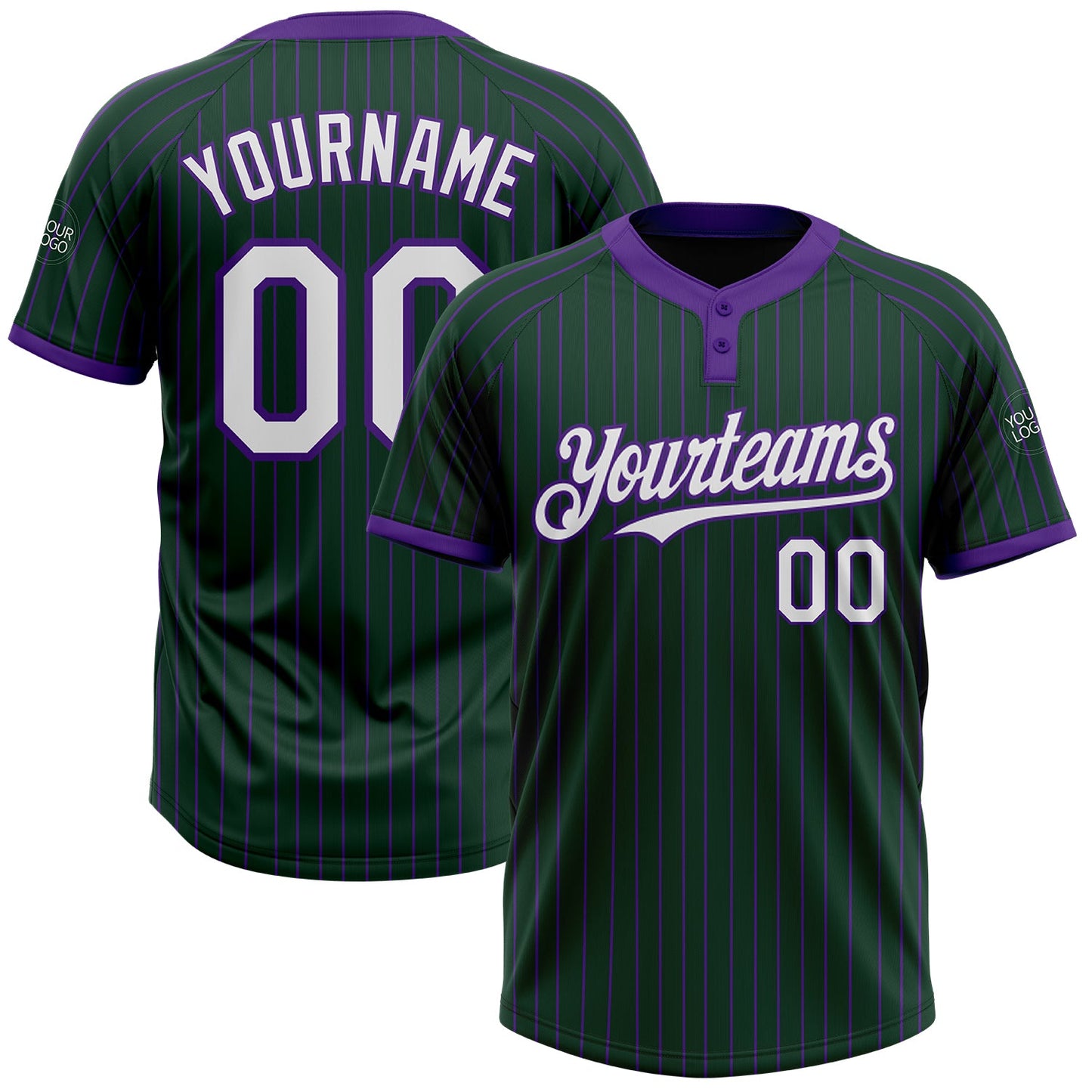 Custom Green Purple Pinstripe White Two-Button Unisex Softball Jersey - Main View