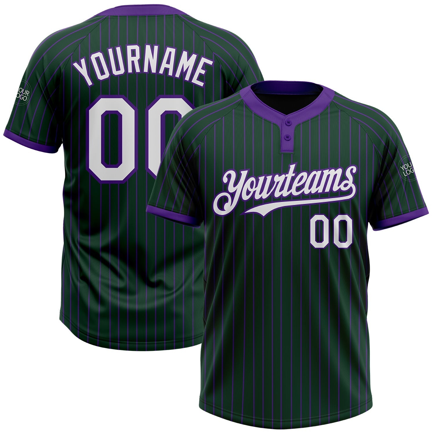 Custom Green Purple Pinstripe White Two-Button Unisex Softball Jersey - Main View