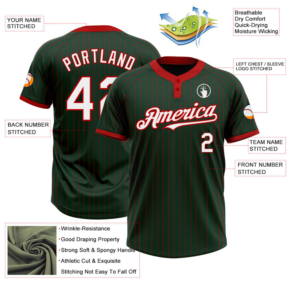 Custom Green Red Pinstripe White Two-Button Unisex Softball Jersey view 3