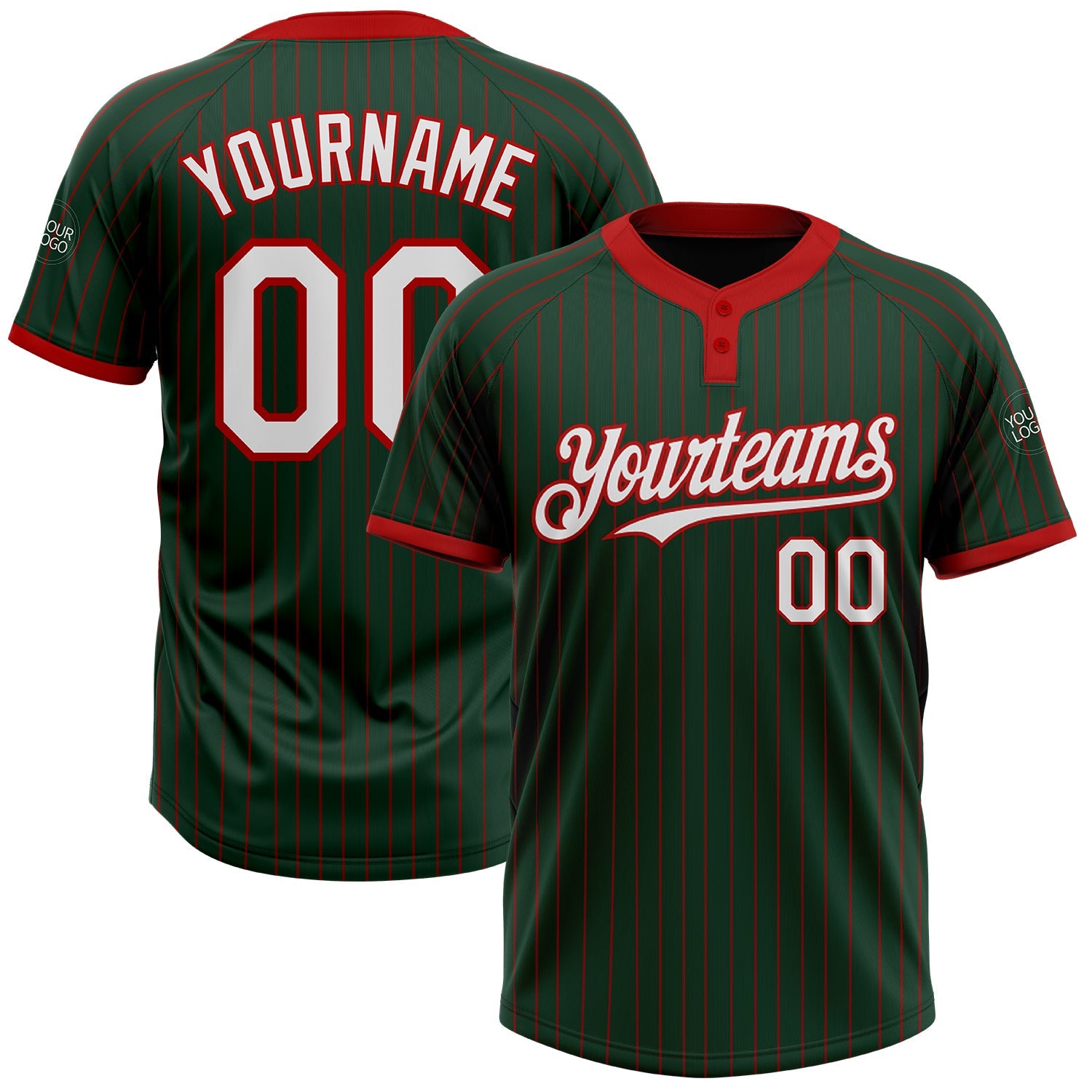 Custom Green Red Pinstripe White Two-Button Unisex Softball Jersey - Main View