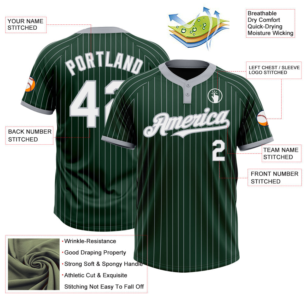 Custom Green Gray Pinstripe White Two-Button Unisex Softball Jersey view 3