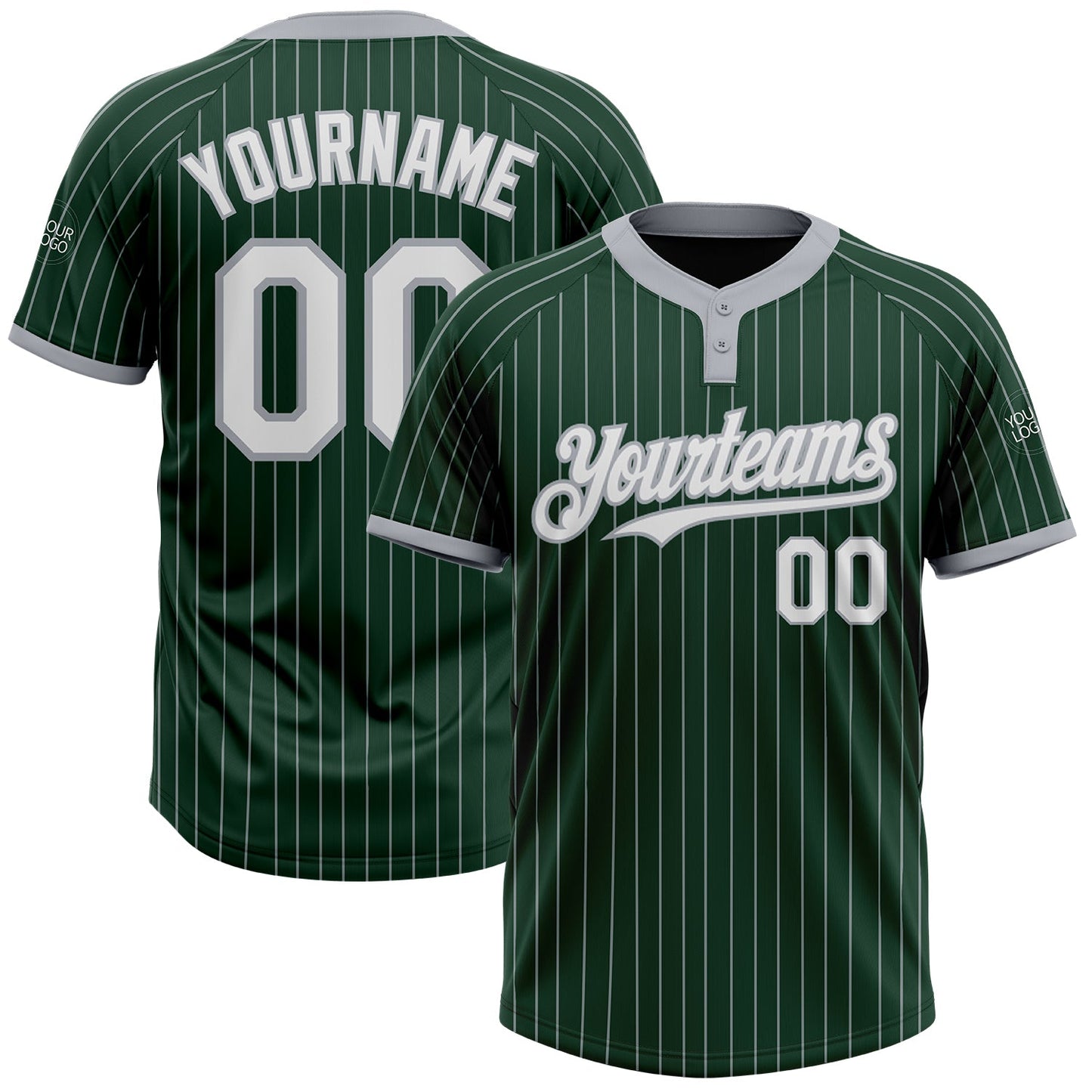 Custom Green Gray Pinstripe White Two-Button Unisex Softball Jersey - Main View