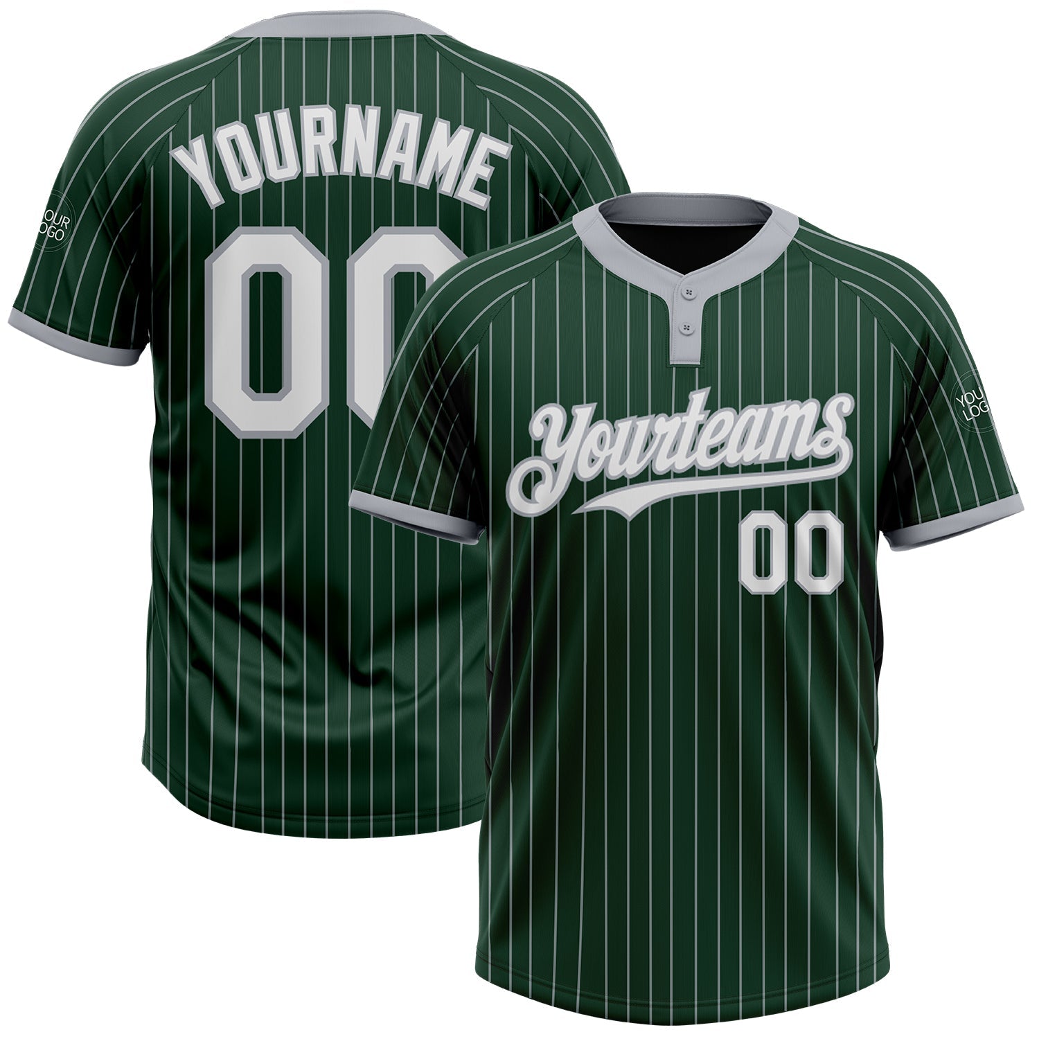 Custom Green Gray Pinstripe White Two-Button Unisex Softball Jersey - Main View