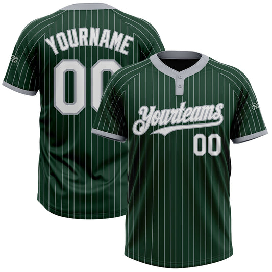 Custom Green Gray Pinstripe White Two-Button Unisex Softball Jersey - Main View