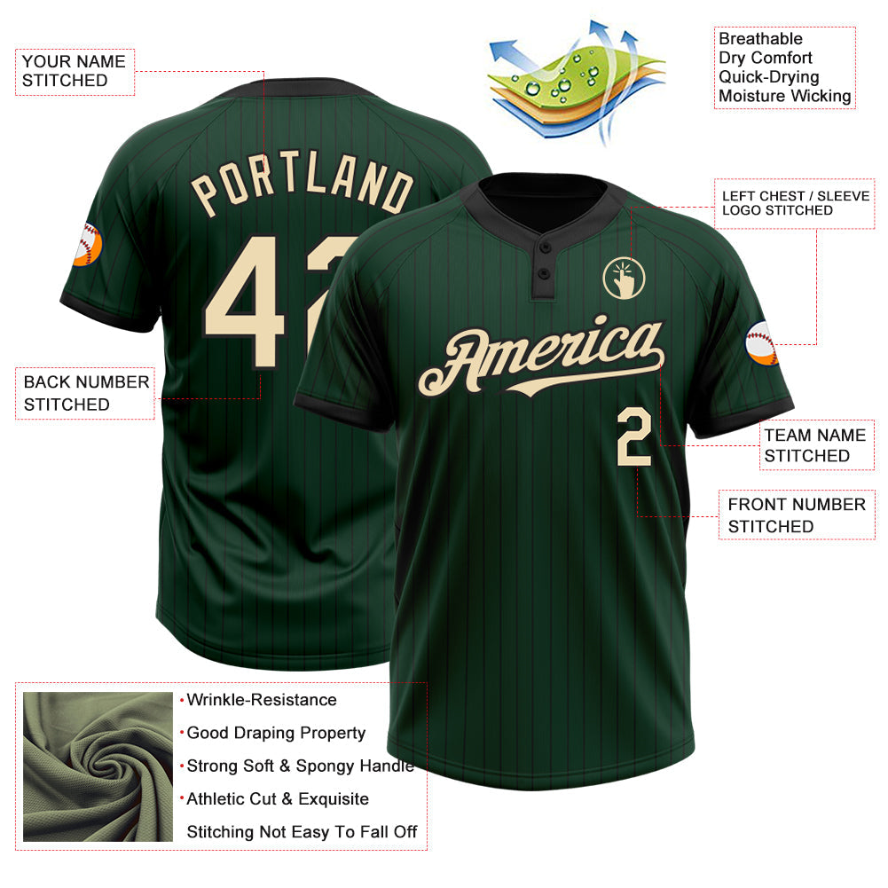 Custom Green Black Pinstripe Cream Two-Button Unisex Softball Jersey view 3
