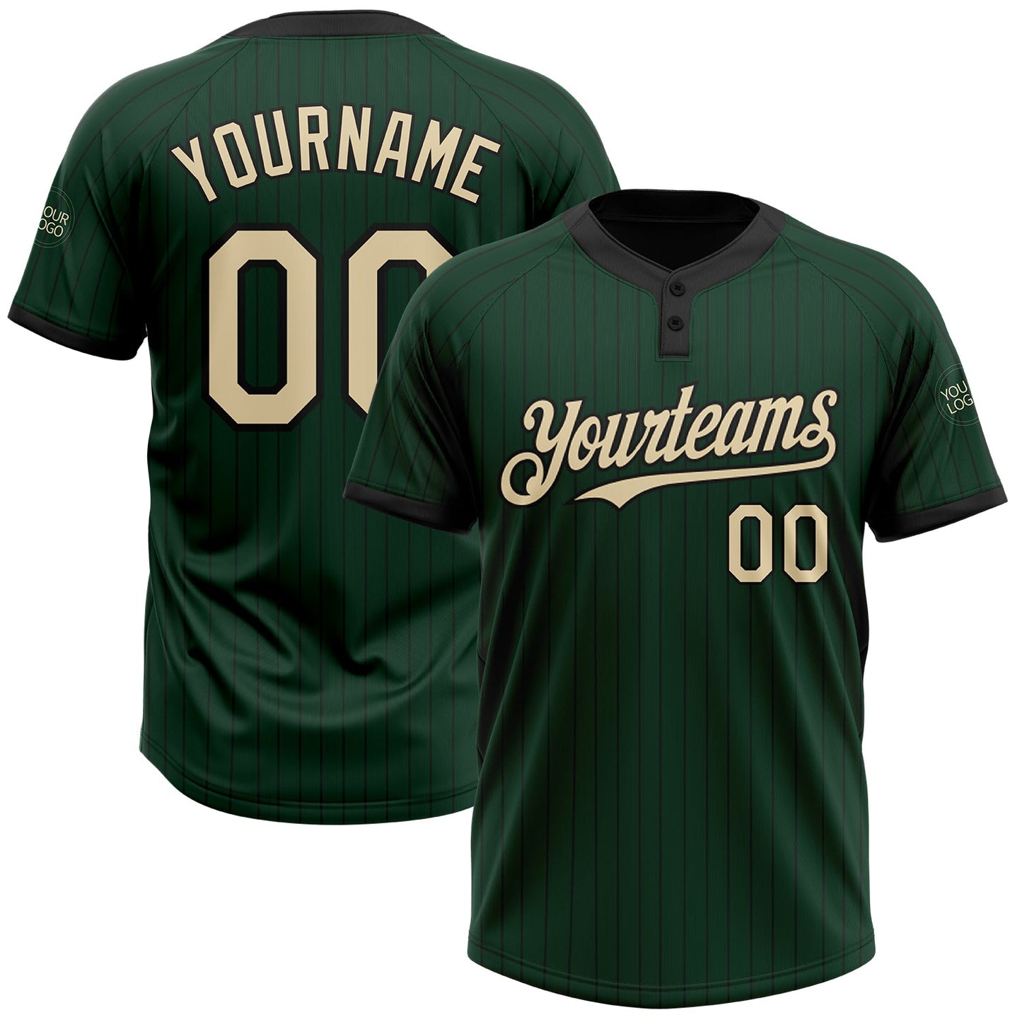 Custom Green Black Pinstripe Cream Two-Button Unisex Softball Jersey - Main View