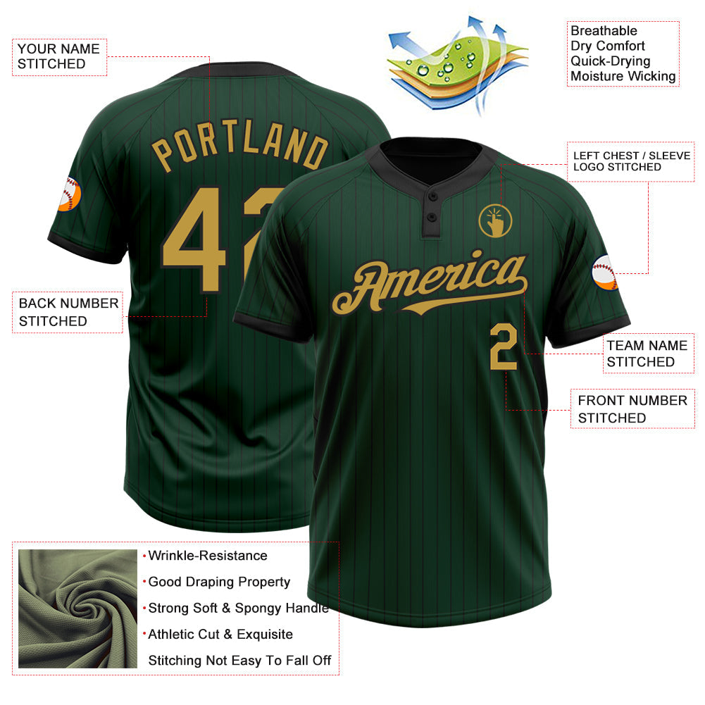 Custom Green Black Pinstripe Old Gold Two-Button Unisex Softball Jersey view 3