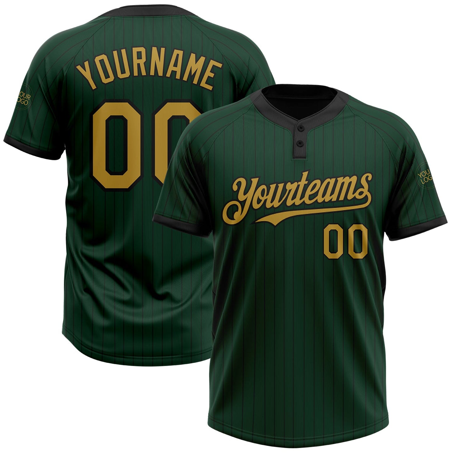 Custom Green Black Pinstripe Old Gold Two-Button Unisex Softball Jersey - Main View