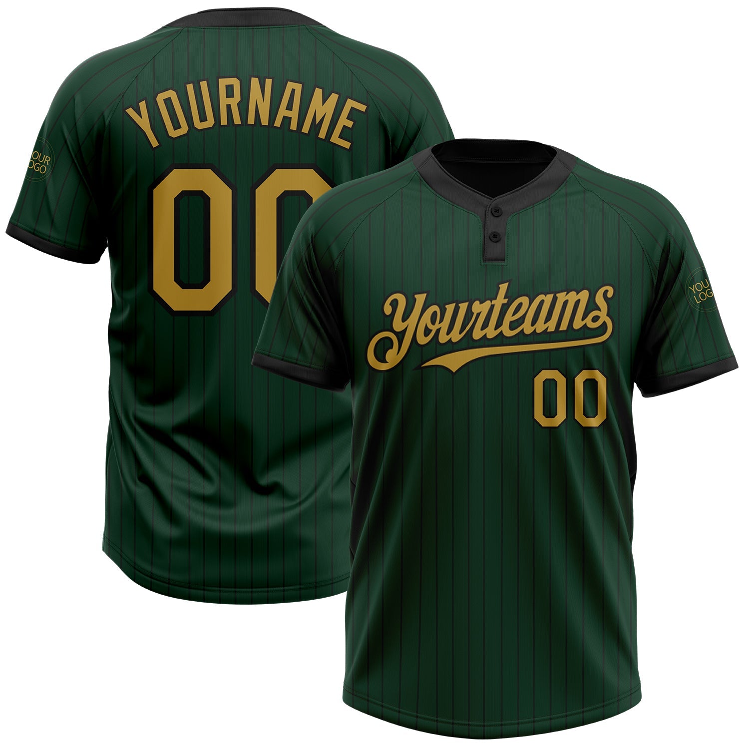 Custom Green Black Pinstripe Old Gold Two-Button Unisex Softball Jersey - Main View