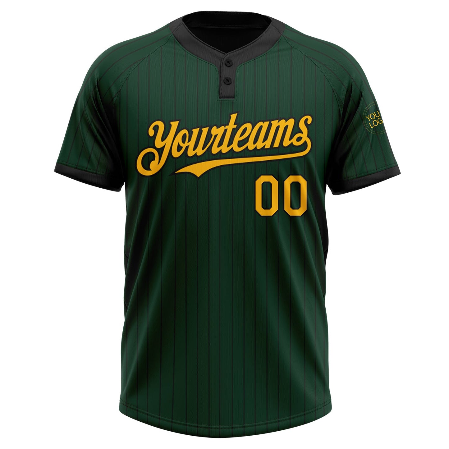 Custom Green Black Pinstripe Gold Two-Button Unisex Softball Jersey view 2