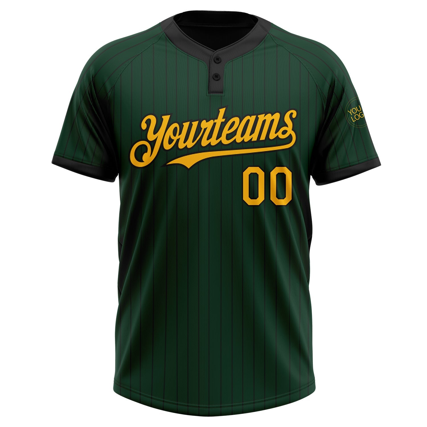 Custom Green Black Pinstripe Gold Two-Button Unisex Softball Jersey view 2