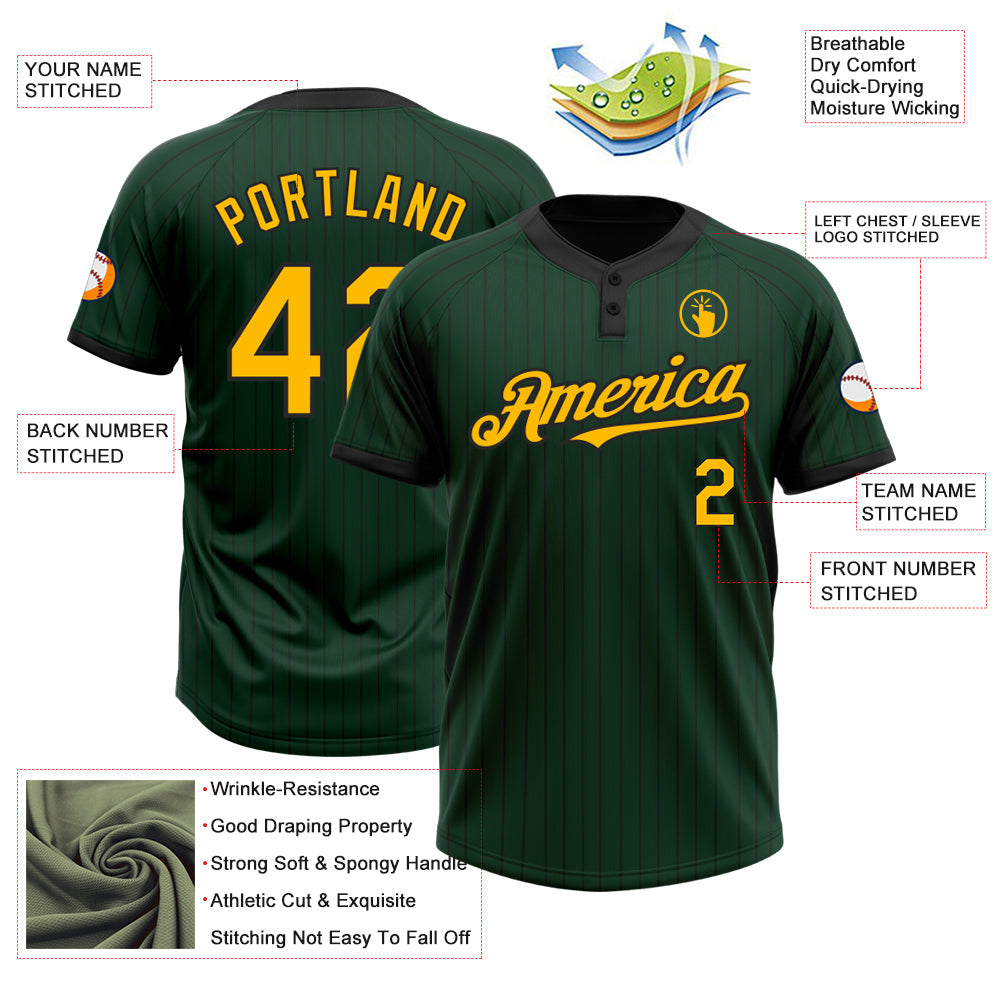 Custom Green Black Pinstripe Gold Two-Button Unisex Softball Jersey view 3