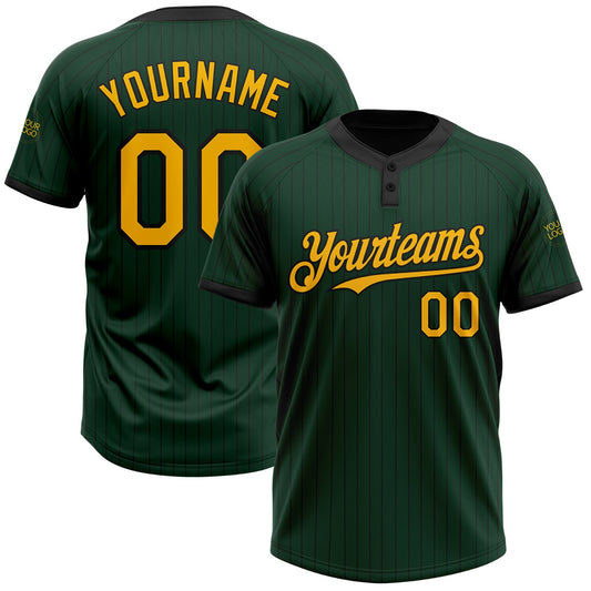 Custom Green Black Pinstripe Gold Two-Button Unisex Softball Jersey - Main View