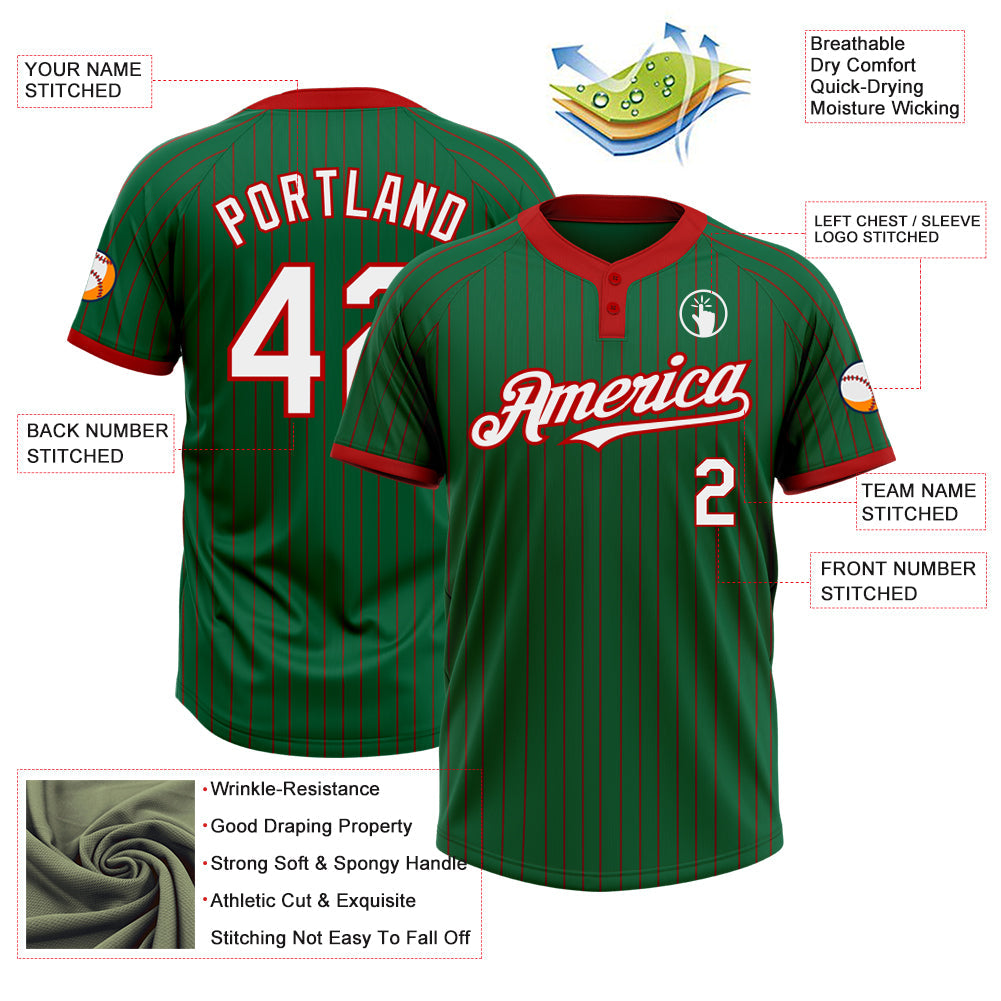 Custom Kelly Green Red Pinstripe White Two-Button Unisex Softball Jersey view 3