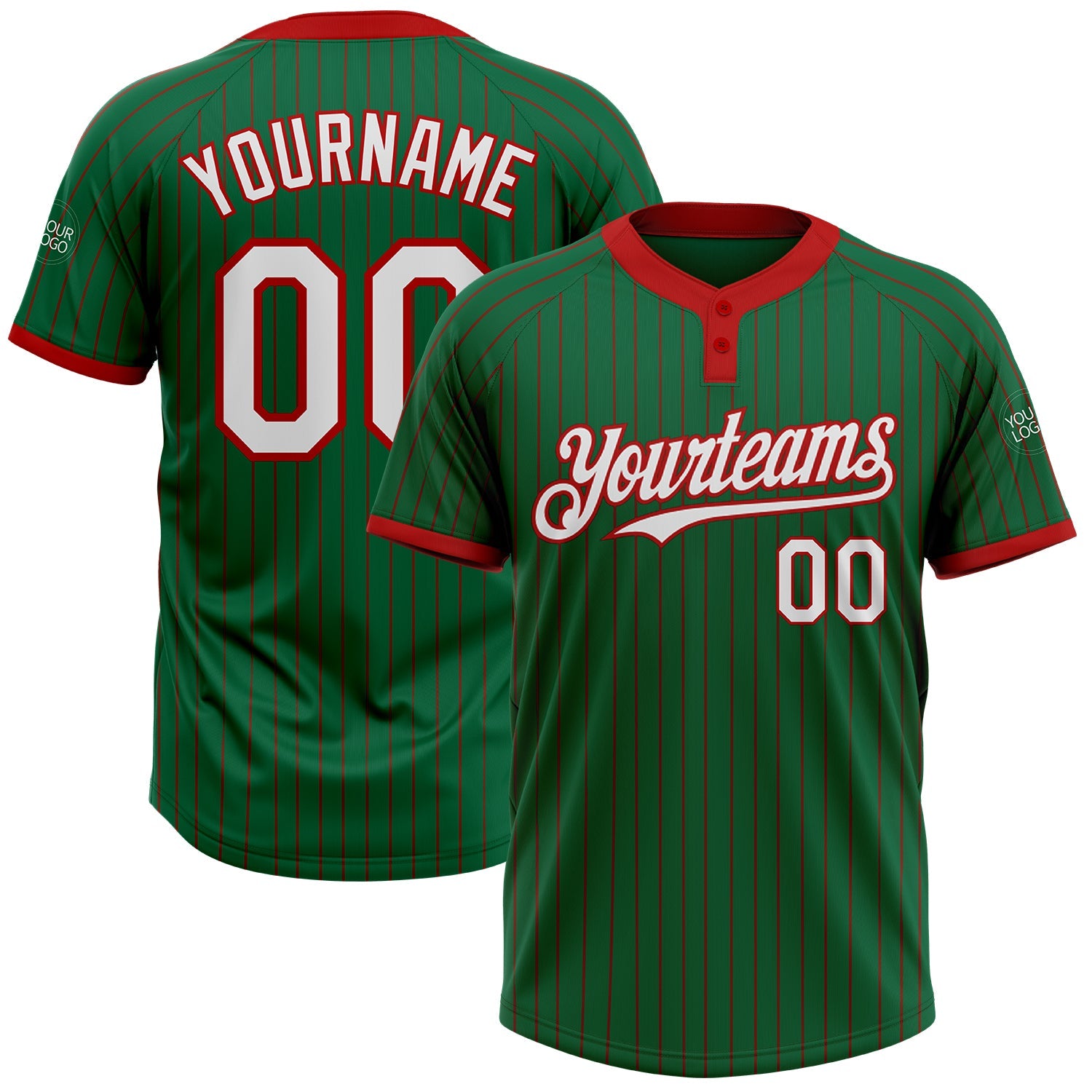 Custom Kelly Green Red Pinstripe White Two-Button Unisex Softball Jersey - Main View