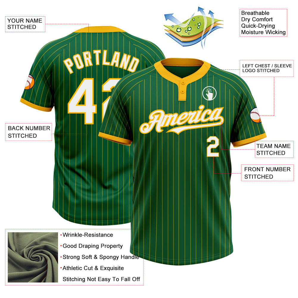 Custom Kelly Green Gold Pinstripe White Two-Button Unisex Softball Jersey view 3