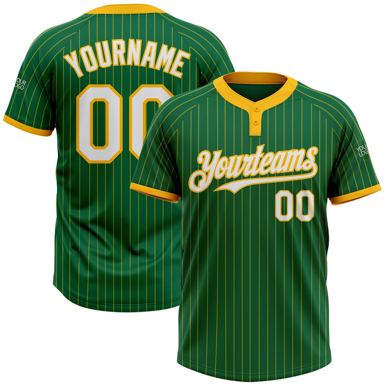 Custom Kelly Green Gold Pinstripe White Two-Button Unisex Softball Jersey - Main View