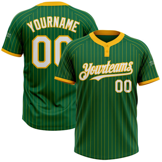 Custom Kelly Green Gold Pinstripe White Two-Button Unisex Softball Jersey - Main View