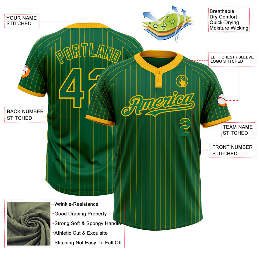 Custom Kelly Green Gold Pinstripe Gold Two-Button Unisex Softball Jersey view 3