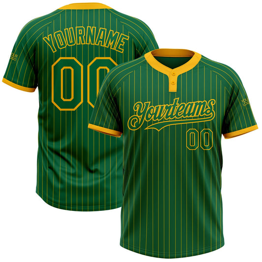Custom Kelly Green Gold Pinstripe Gold Two-Button Unisex Softball Jersey - Main View