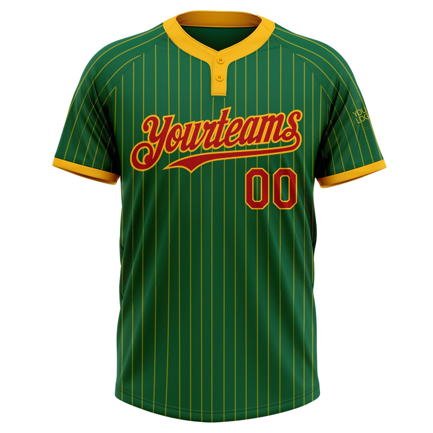 Custom Kelly Green Gold Pinstripe Red Two-Button Unisex Softball Jersey view 2
