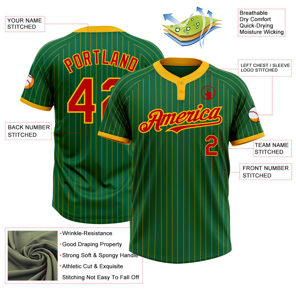 Custom Kelly Green Gold Pinstripe Red Two-Button Unisex Softball Jersey view 3